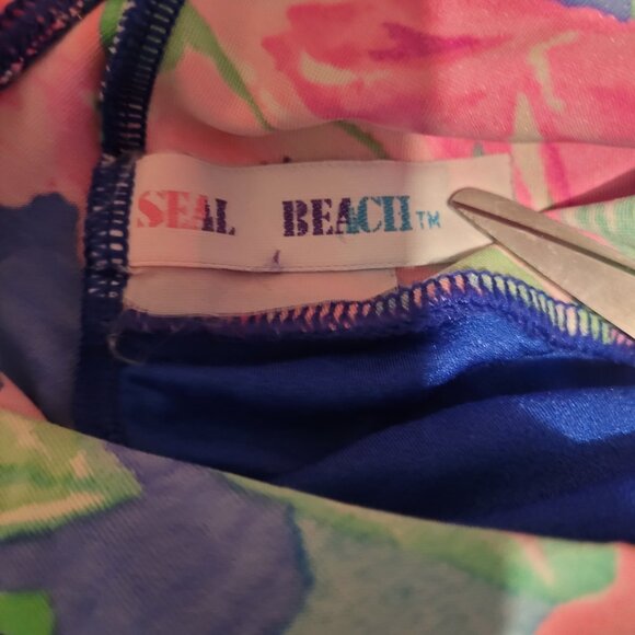 Vintage Seal Beach Unique Design Swimsuit Fits Medium Blue Tropical One Piece - Picture 7 of 7